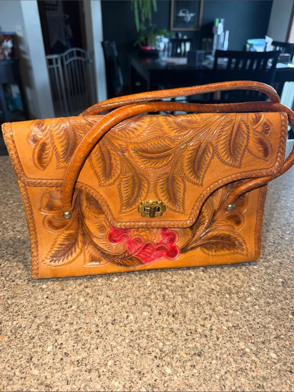 Hand-Tooled Leather Satchel Handbag in Tan with Red Accent